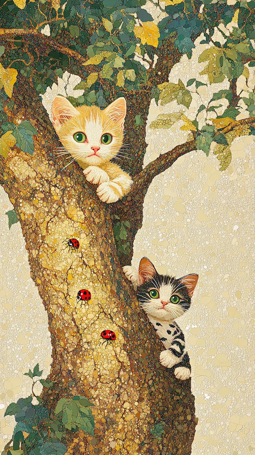 Tiernos gatitos curiosos escondidos detrás de un árbol con un perrito