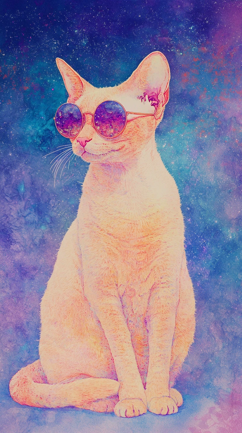 Gato esfinge con gafas de sol redondas bajo un cielo cósmico de ensueño
