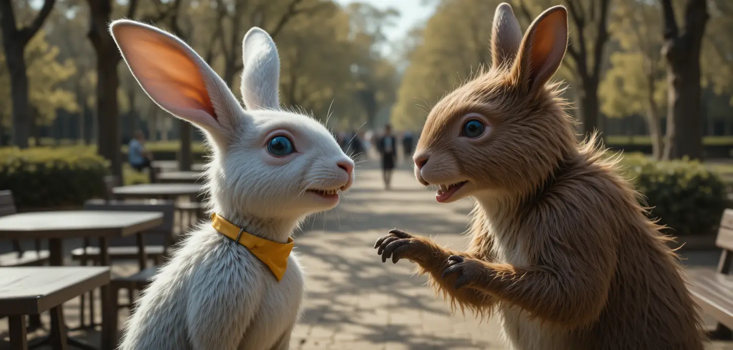 Neugieriger Hase und Bärenfiguren treffen sich in einem sonnigen Park