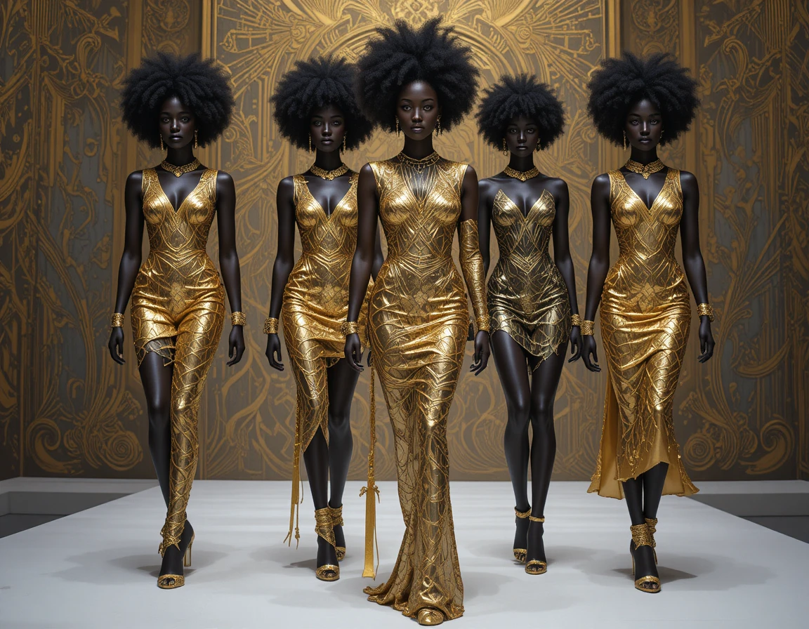 Schwarze amerikanische Models in goldenen Outfits auf dem Fashion-Runway