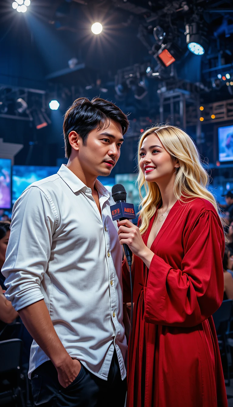 男性と女性リポーターのテレビスタジオインタビュー