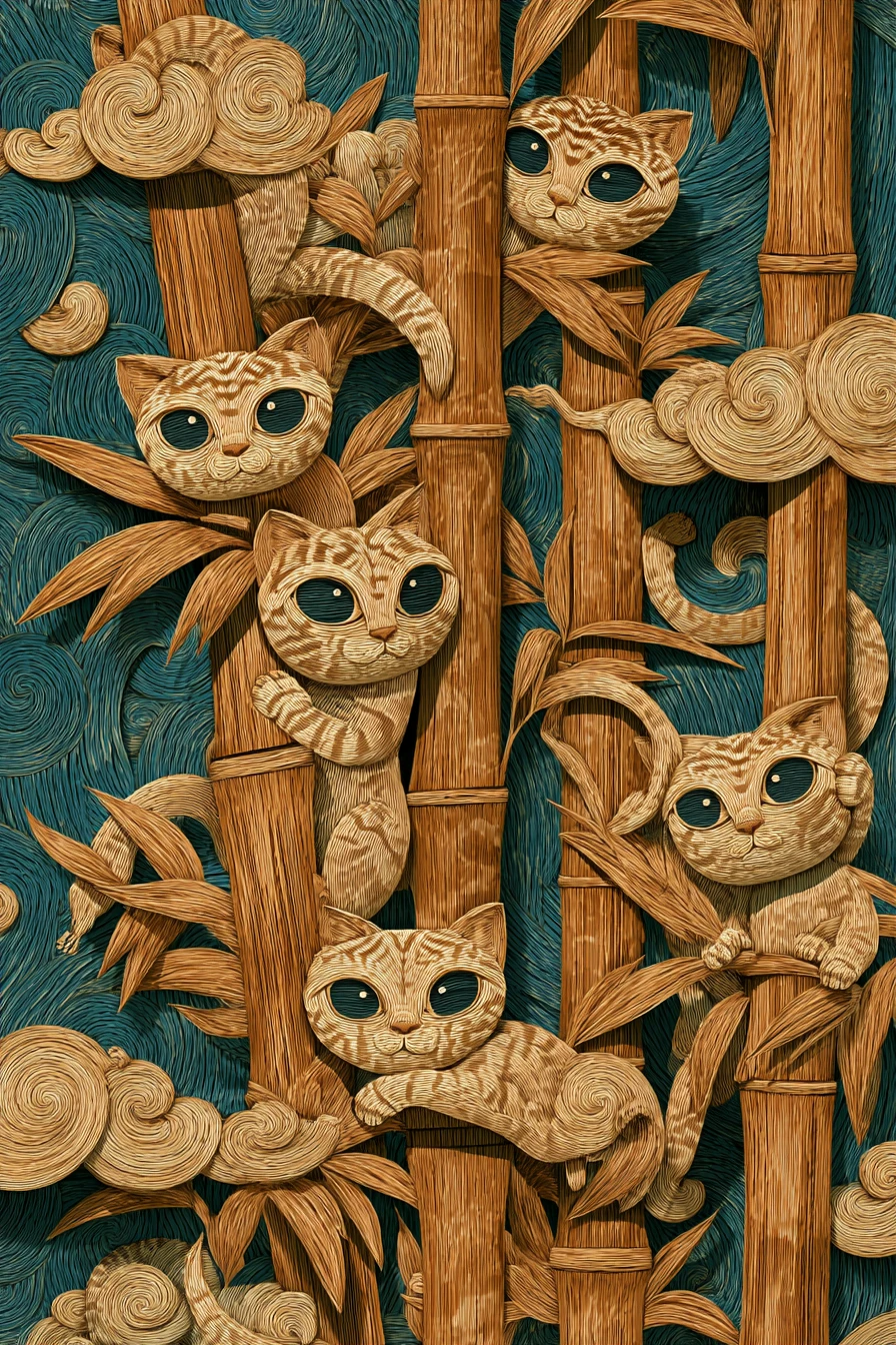 Gatos entalhados em madeira em uma cena detalhada na floresta de bambu