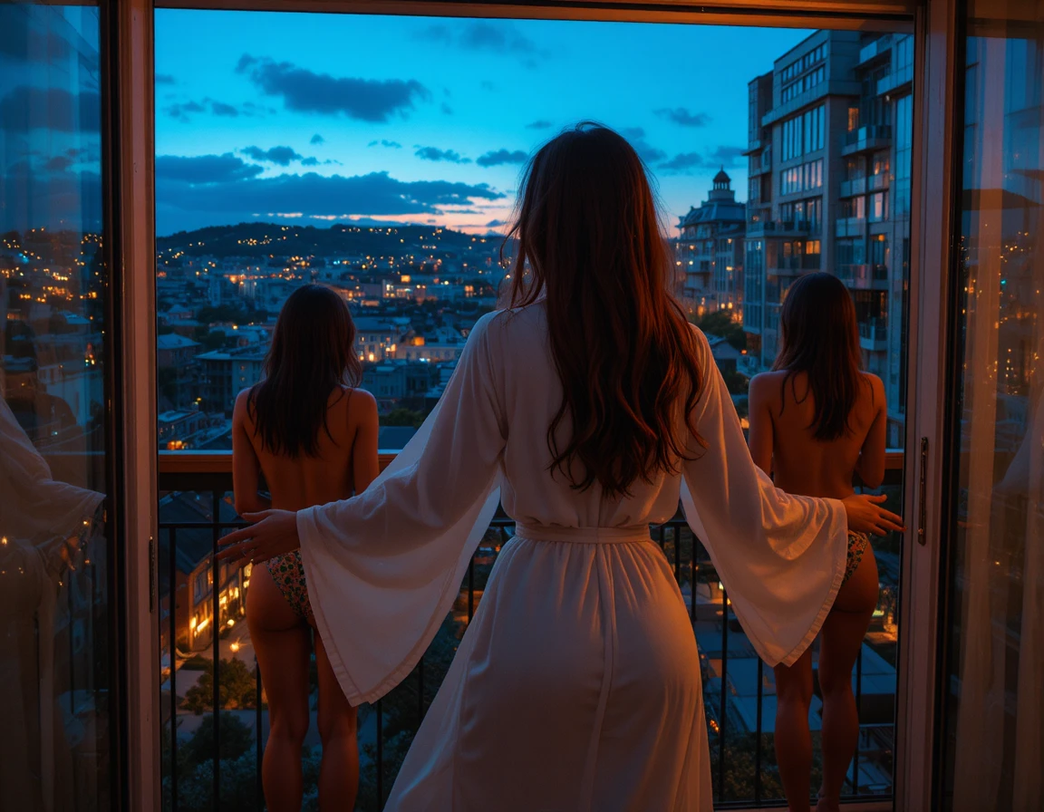 Mulher de vestido branco dançando em varanda urbana ao pôr do sol