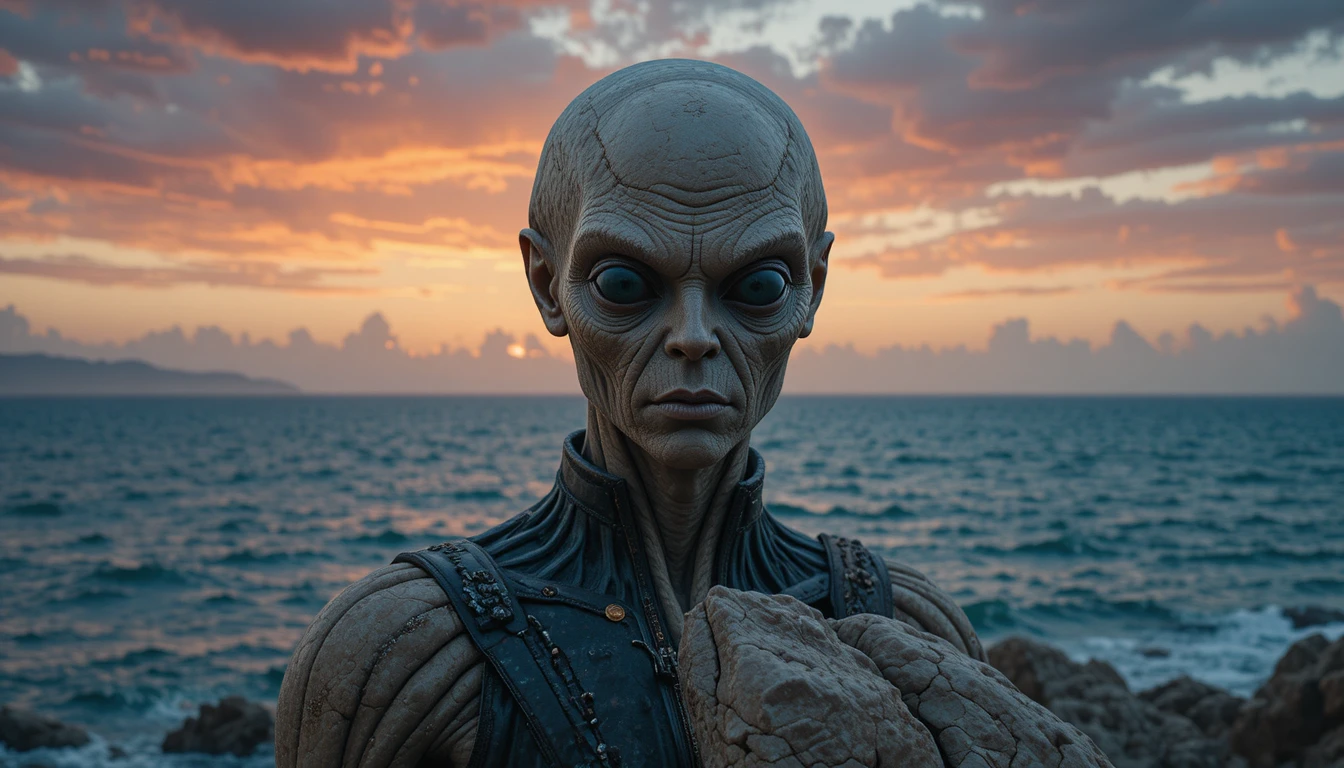 Retrato cinematográfico en primer plano de un antiguo alienígena humanoide