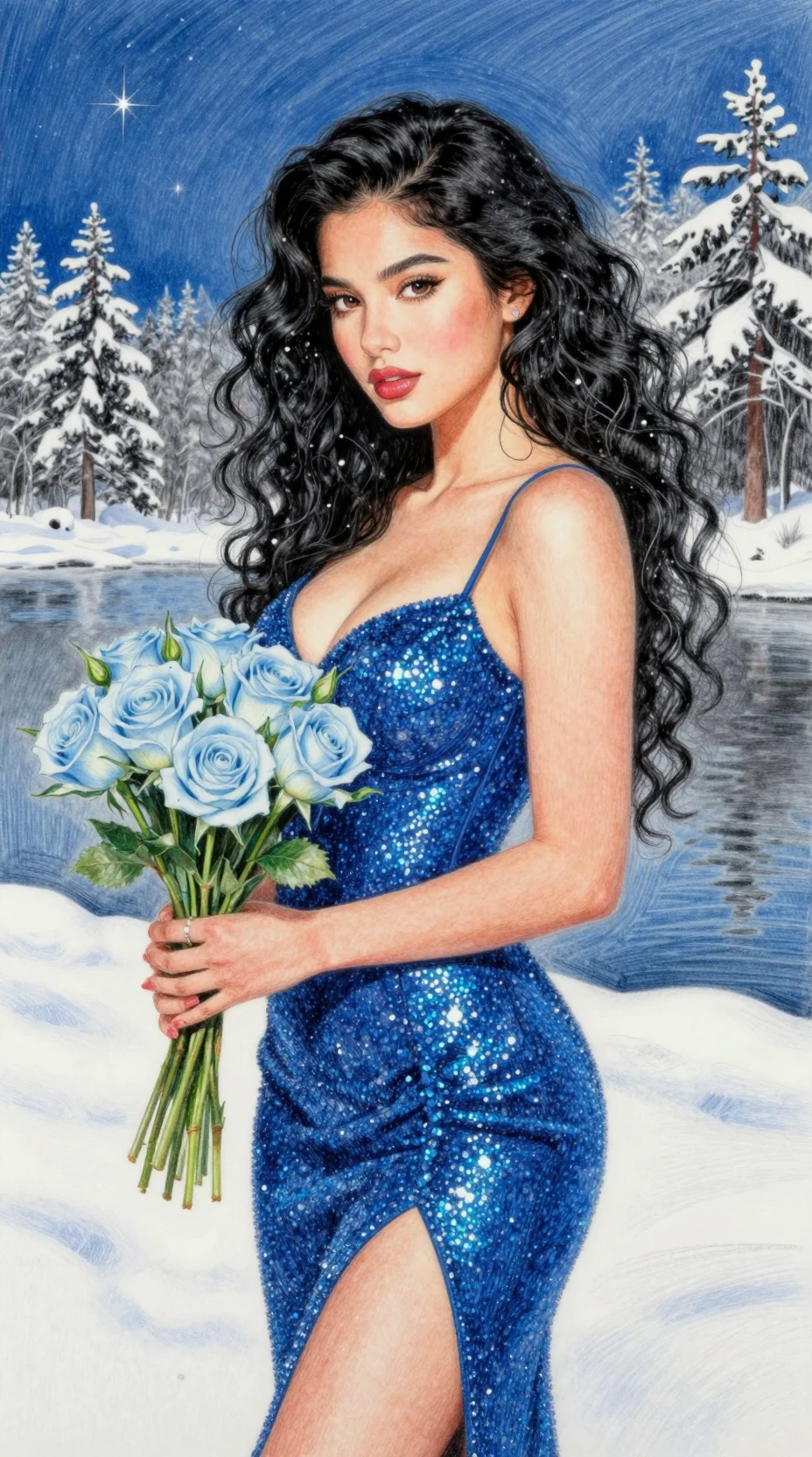 Femme élégante avec des fleurs bleues par une nuit d’hiver enneigée