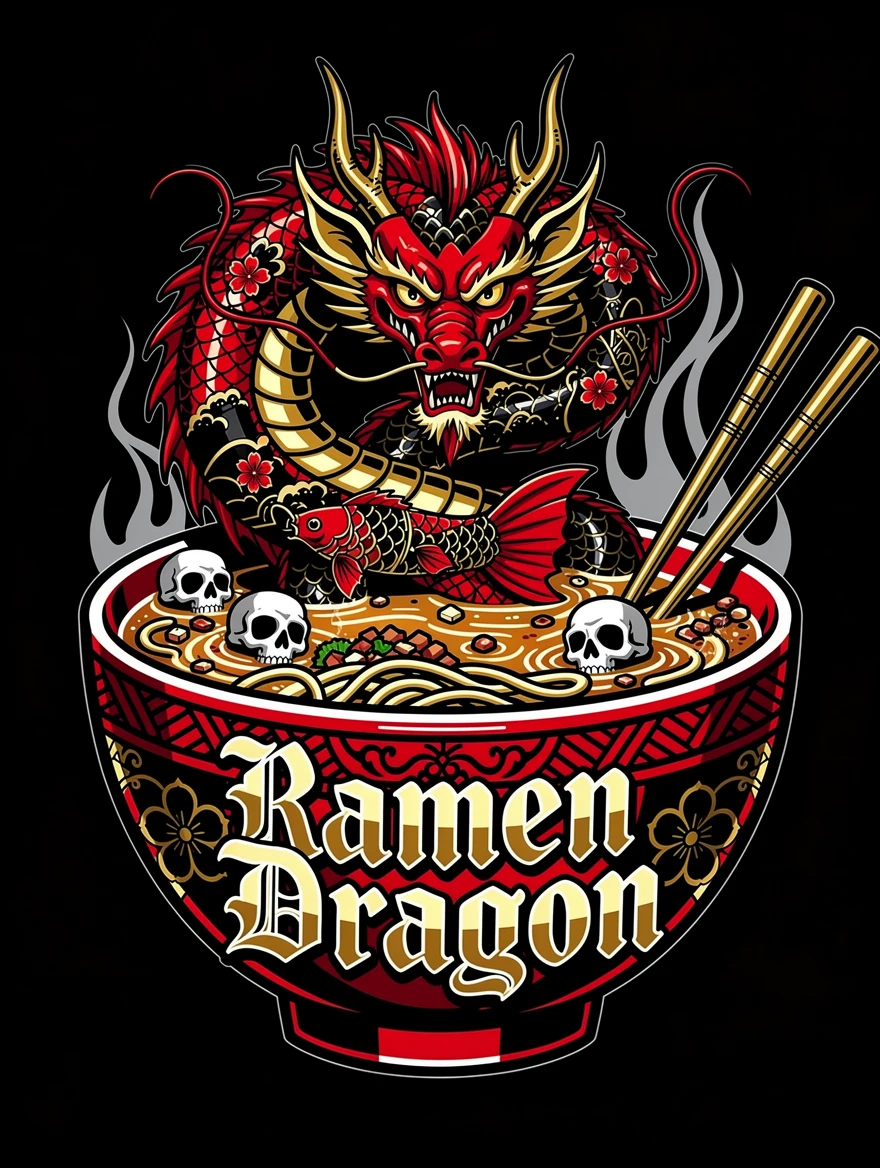Ciotola di Ramen Gotica con Drago e Teschi – Design per Tatuaggio