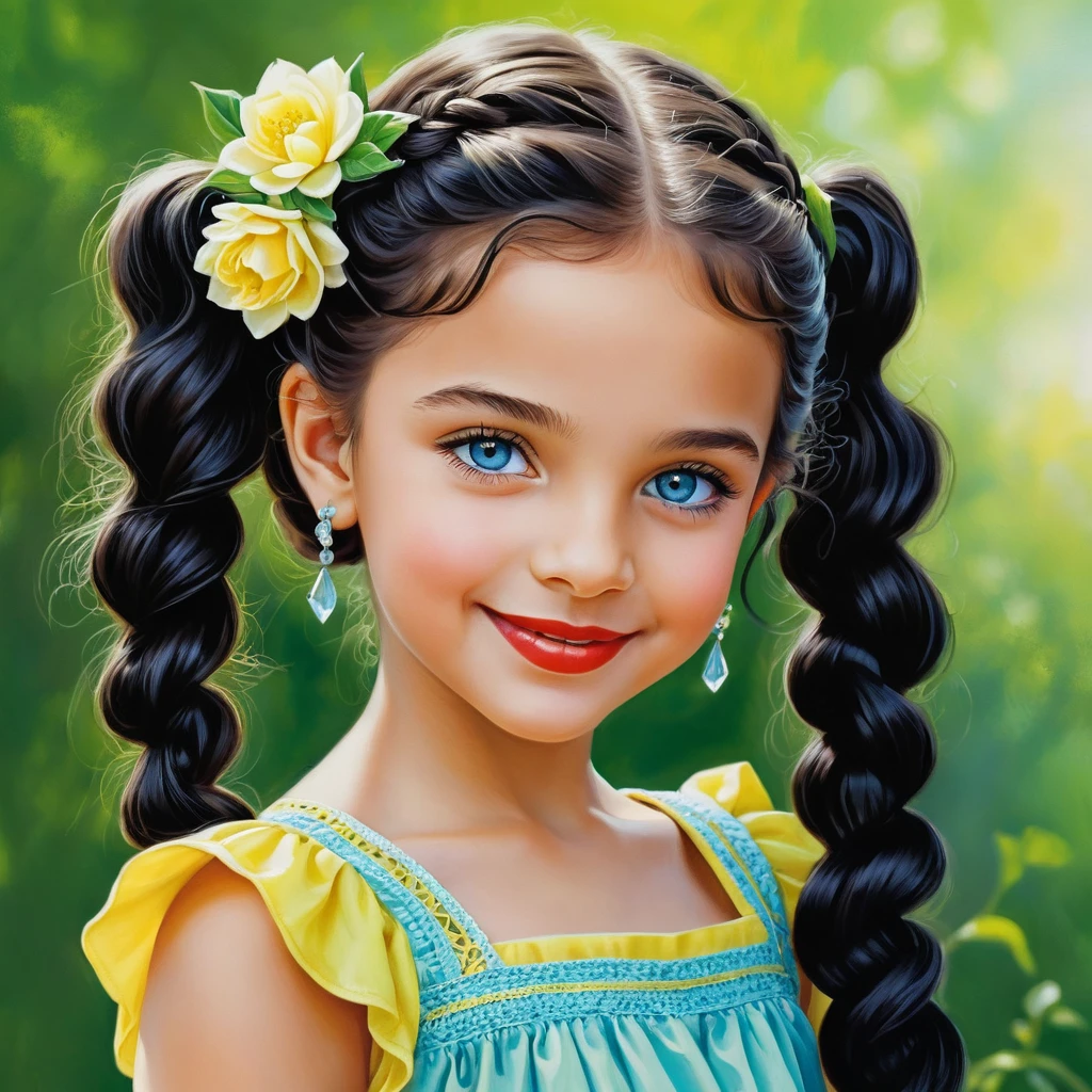 Fillette souriante en robe verte avec de longs cheveux bouclés tressés