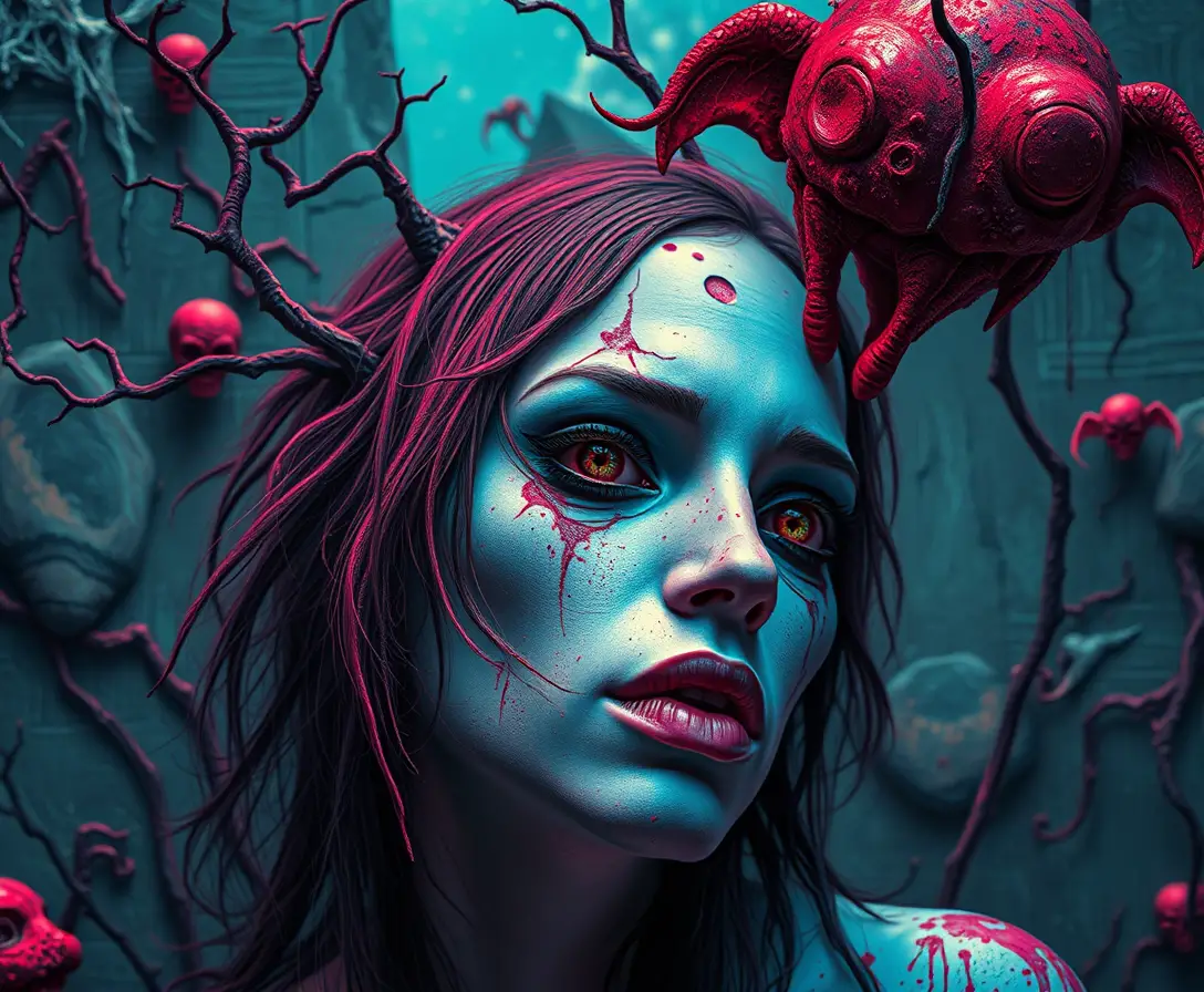 Figura fantasiosa sem olhos em um mundo de pop surrealismo