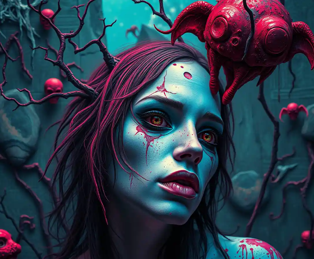 Figura fantastica senza occhi in un mondo di pop surrealismo