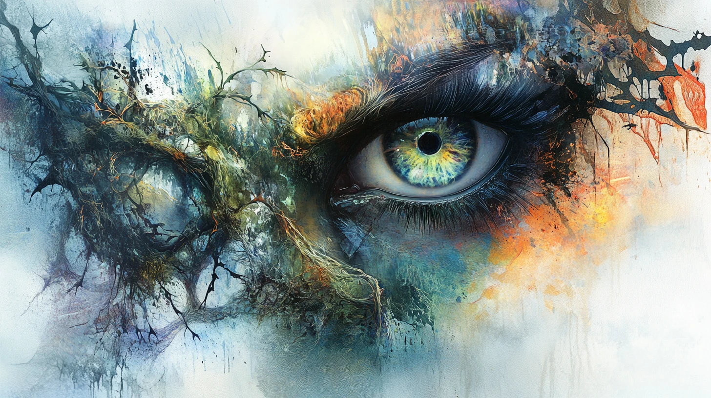 Retrato surreal com olhos de libélula em tela abstrata espinhosa