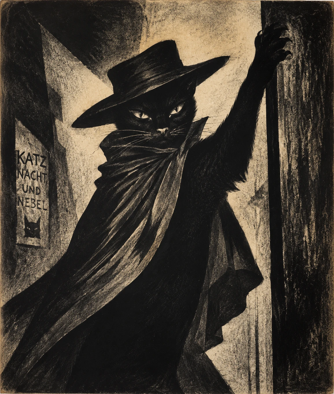 Retrato litográfico expressionista de gato preto com chapéu e capa