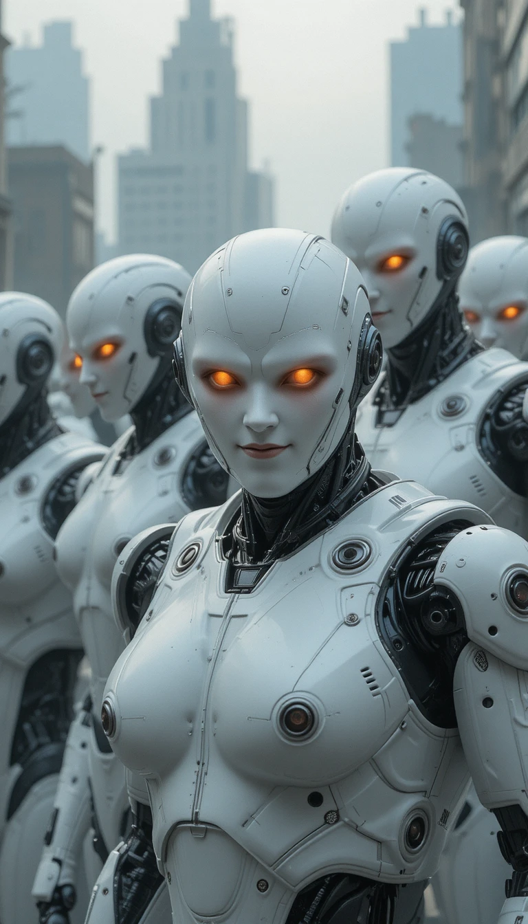 Elegante humanoide Roboter in einer futuristischen Stadtlandschaft