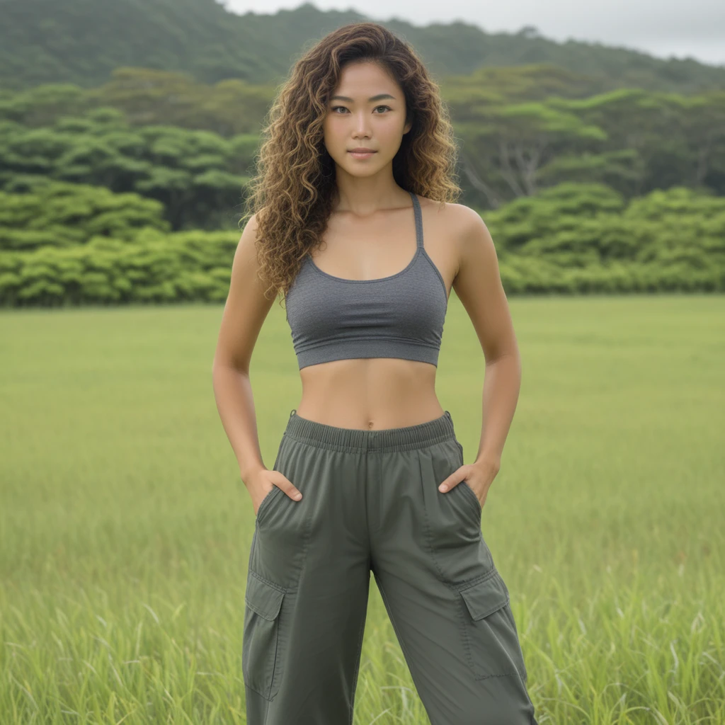 Okinawan woman standing in a field on a cloudy day