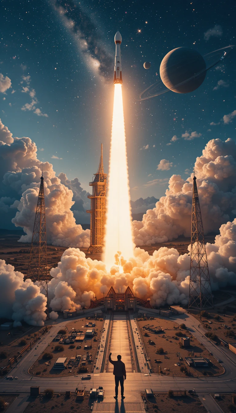 Luftaufnahme eines Raketenstarts über einem geschäftigen Kosmodrom