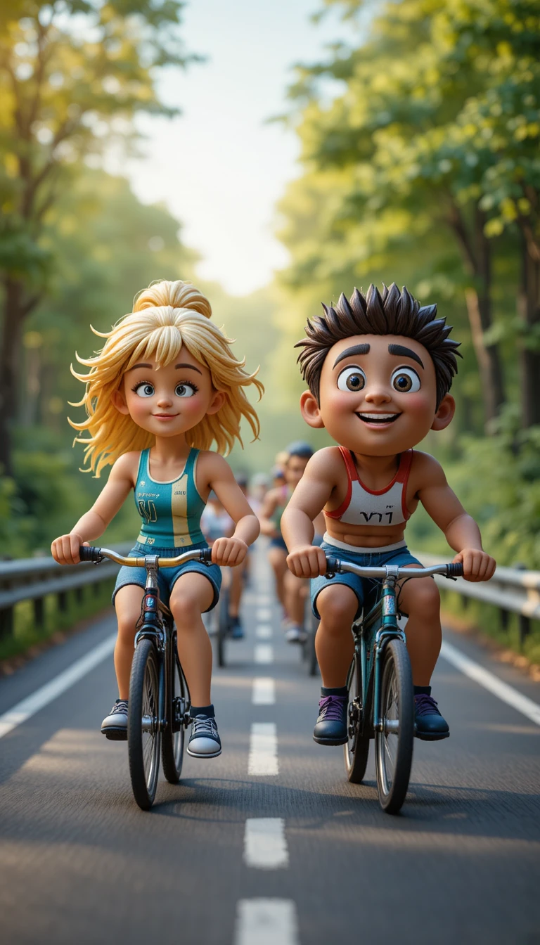 Enfants au style Pixar jouant dans une aire de jeux en plein air ensoleillée