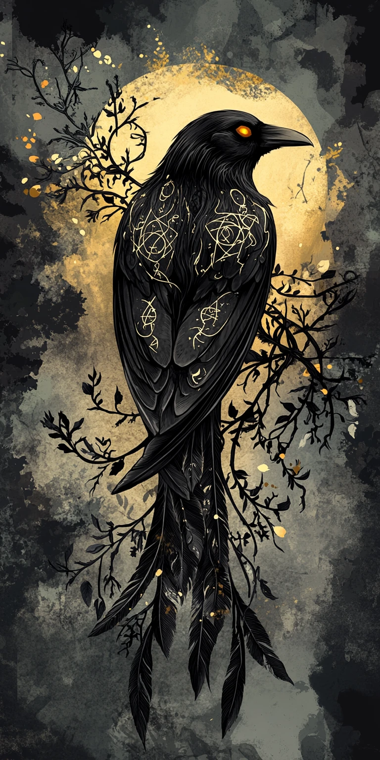Ilustração de Corvo Místico com Runas e Filigrana de Espinhos