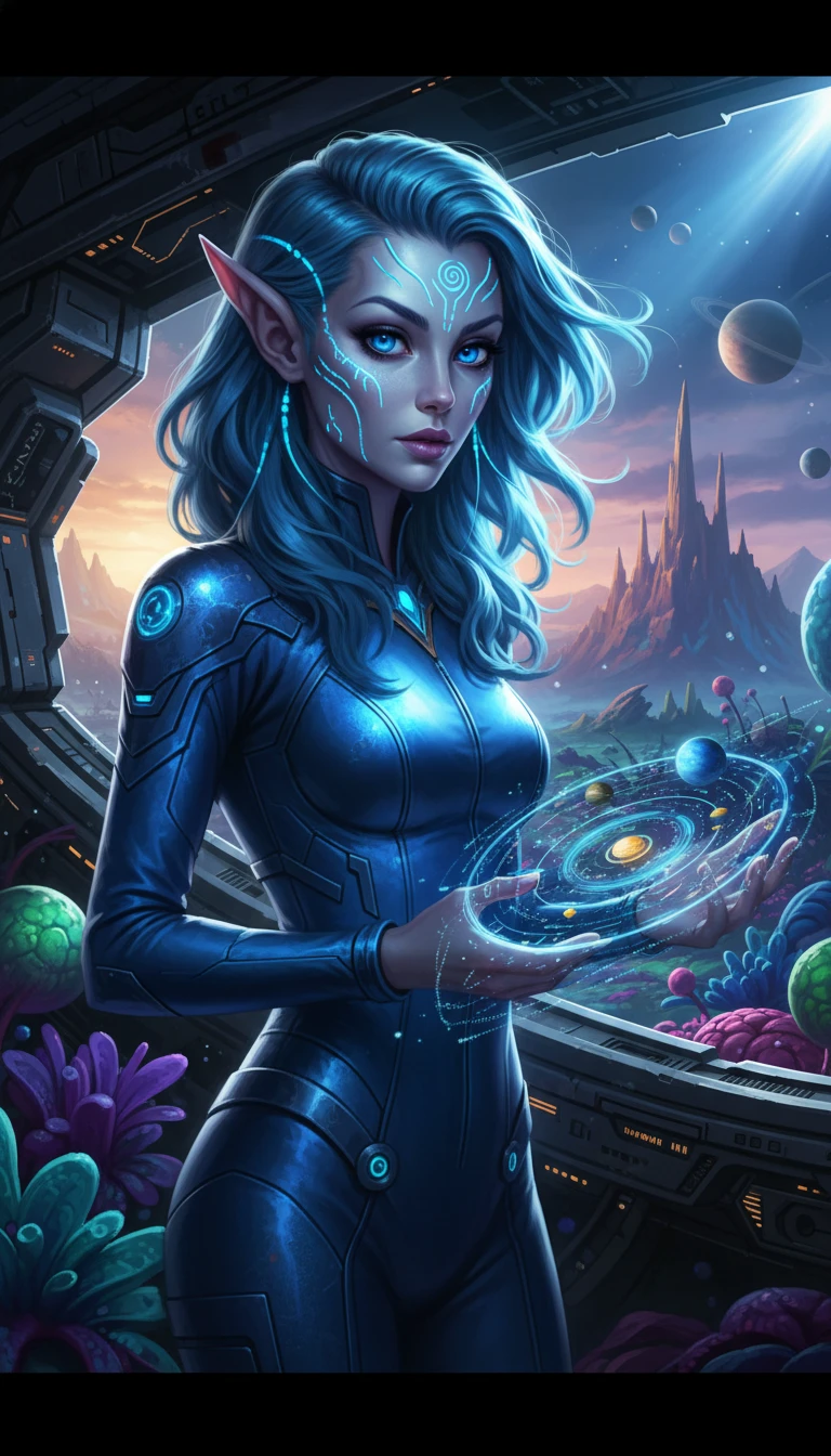 Donna aliena che studia una mappa stellare olografica su un pianeta sconosciuto