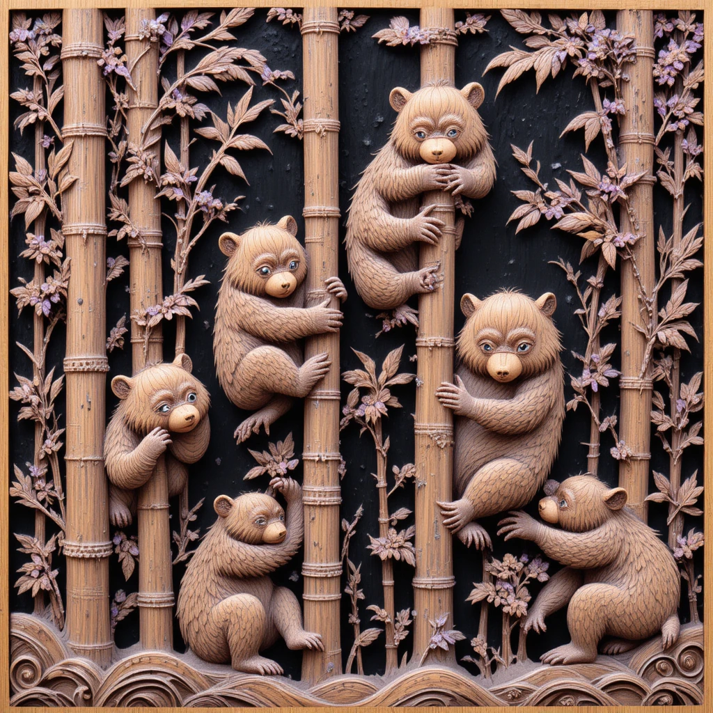 Sculpture sur bois détaillée d’ours joueurs dans une forêt de bambous