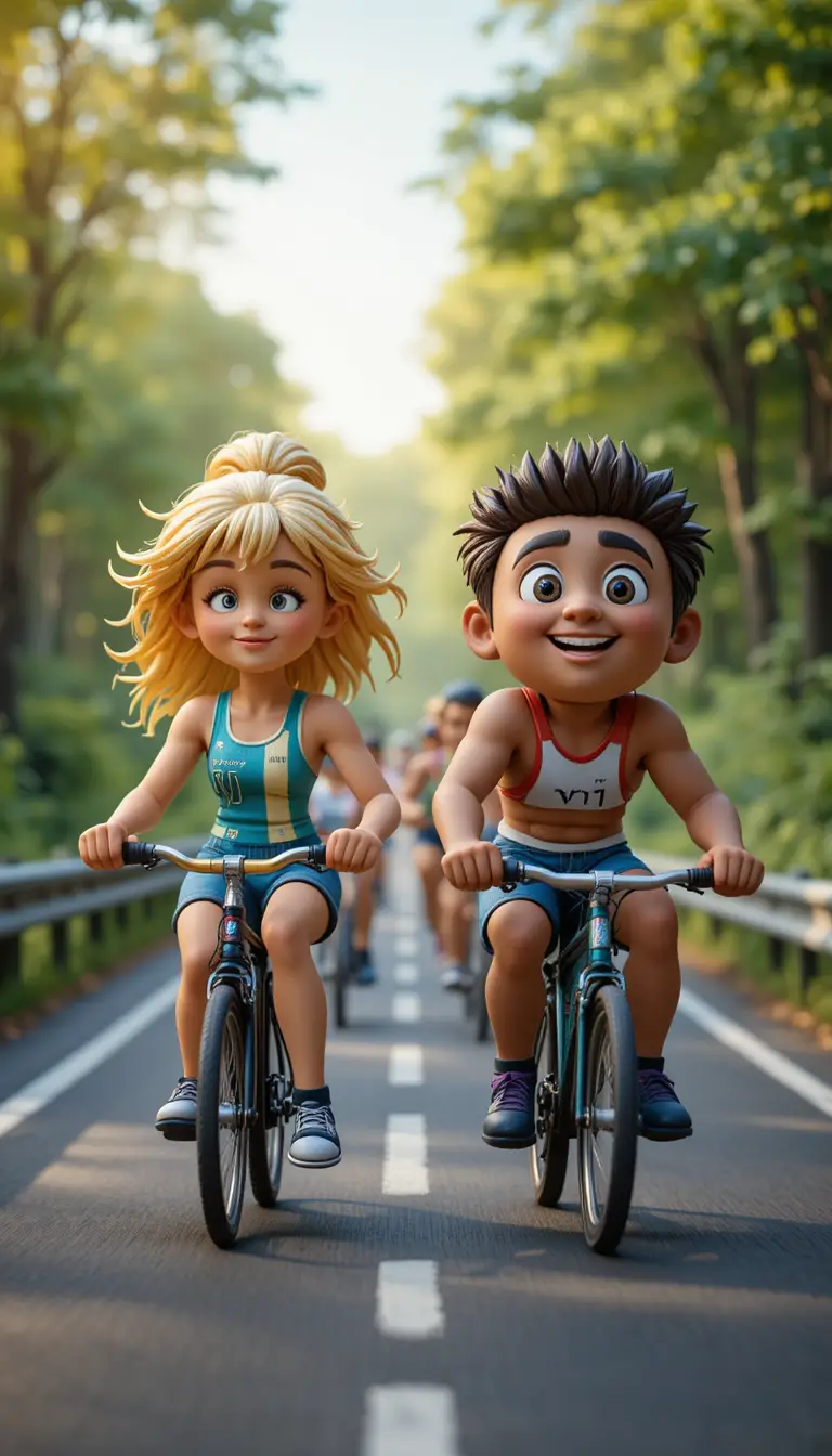 Kinder im Pixar-Stil spielen auf einem sonnigen Outdoor-Spielplatz