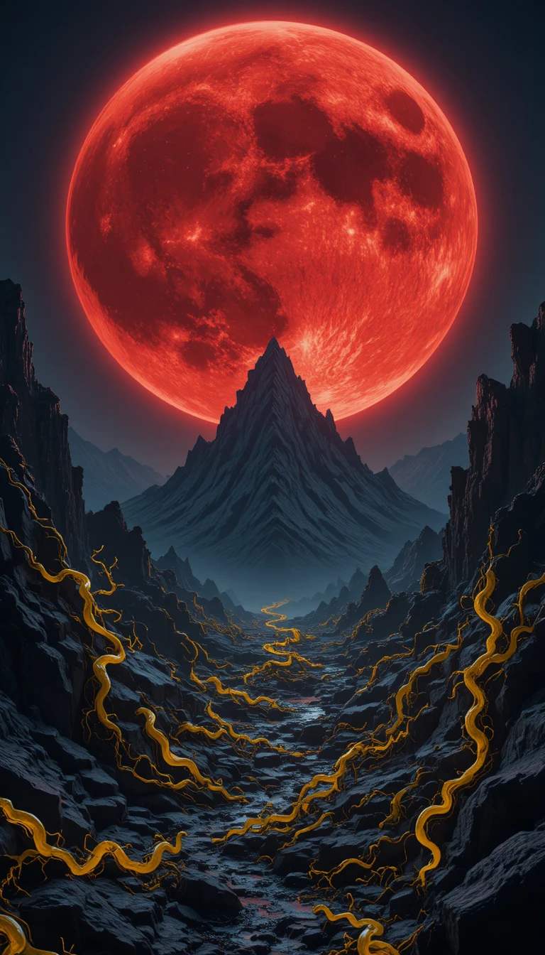 Enorme luna roja sobre un paisaje montañoso alienígena escarpado