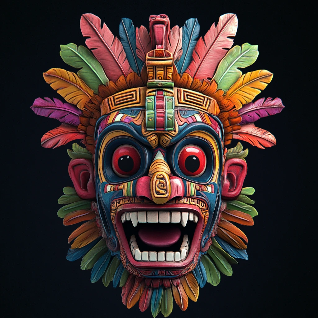 Colorful 3D Aztec mask with demonic red eyes and grin
