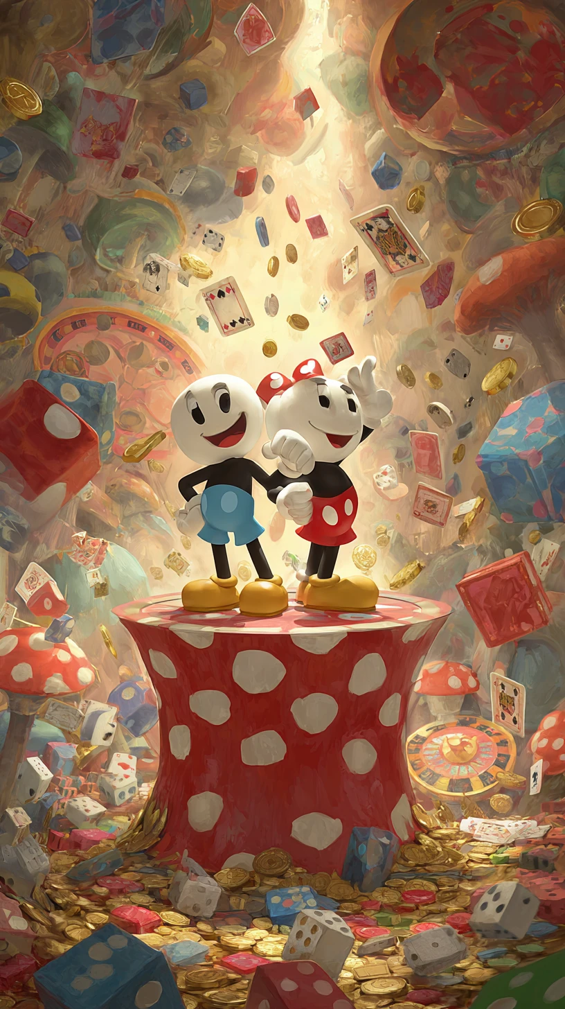 Dupla de desenho animado em pedestal em uma cena de cassino animada