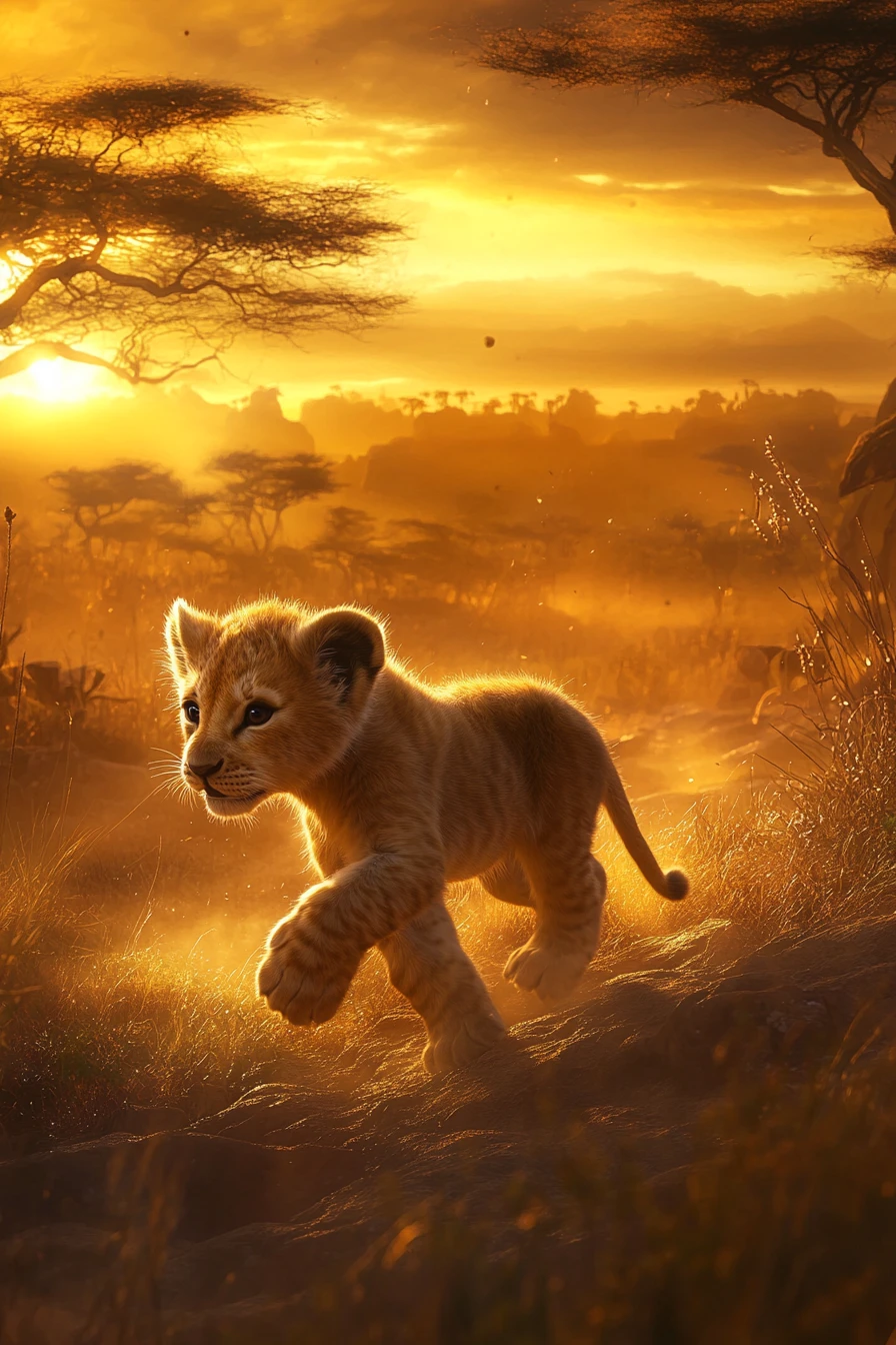 Joven león cruzando la sabana dorada al amanecer