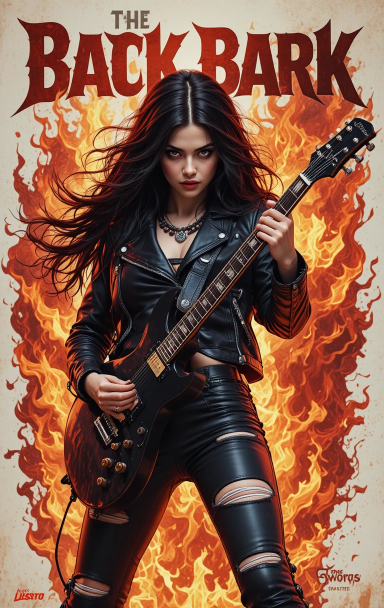 燃え盛る炎の中で黒レザーをまとった反逆的な女性ギタリスト