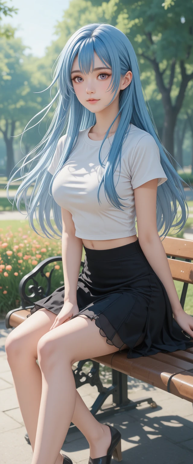 Anime girl with blue hair sitting on a park bench