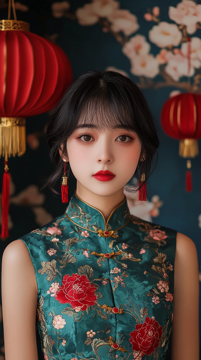 青綠色旗袍優雅少女與花燈背景