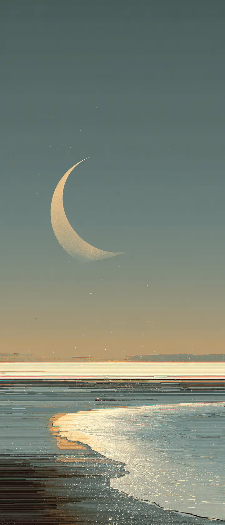 Calm sea under a geometric crescent moon illustration