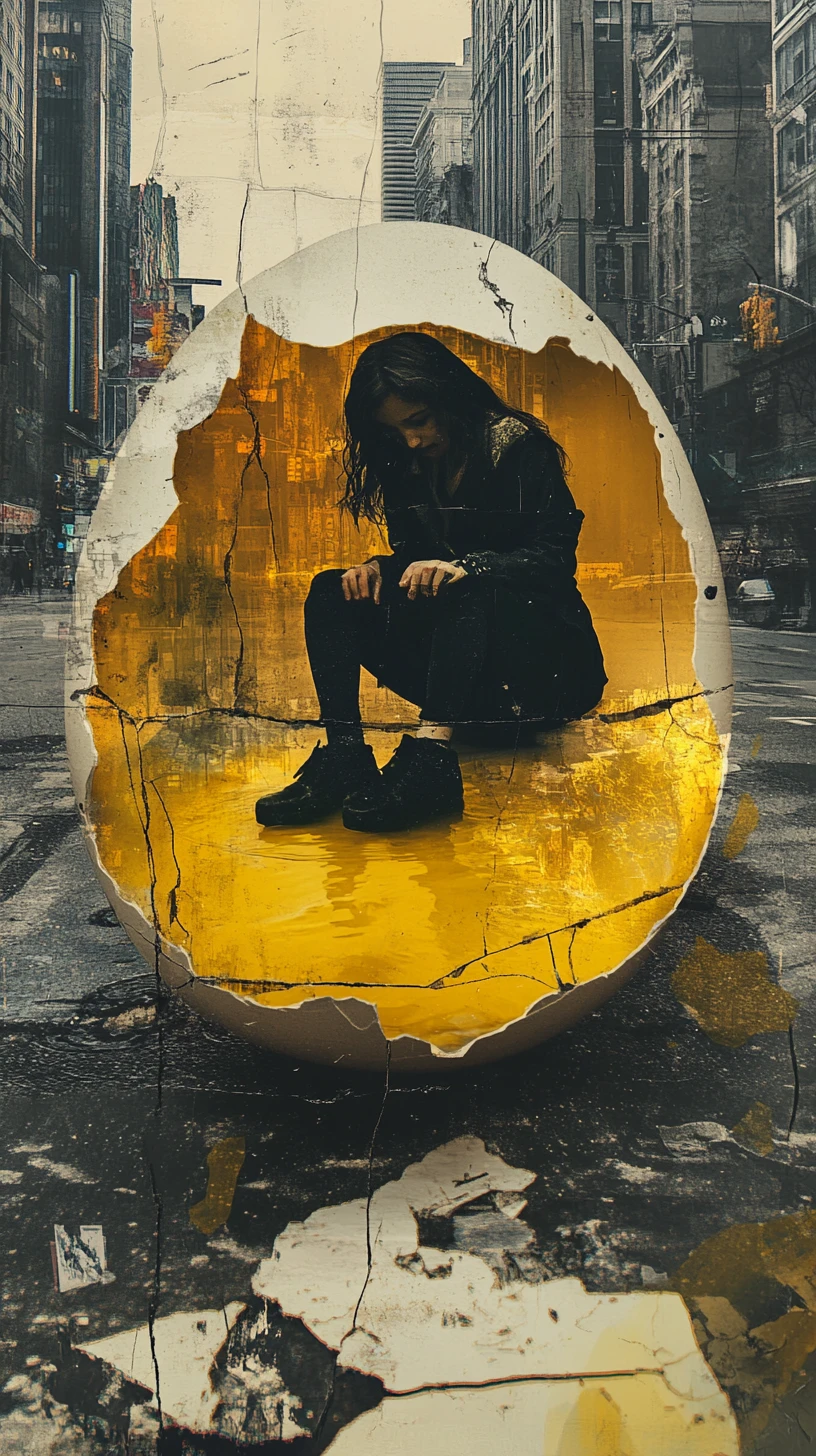 Personnage d’œuf fêlé en pleurs sur une rue mouillée en ville