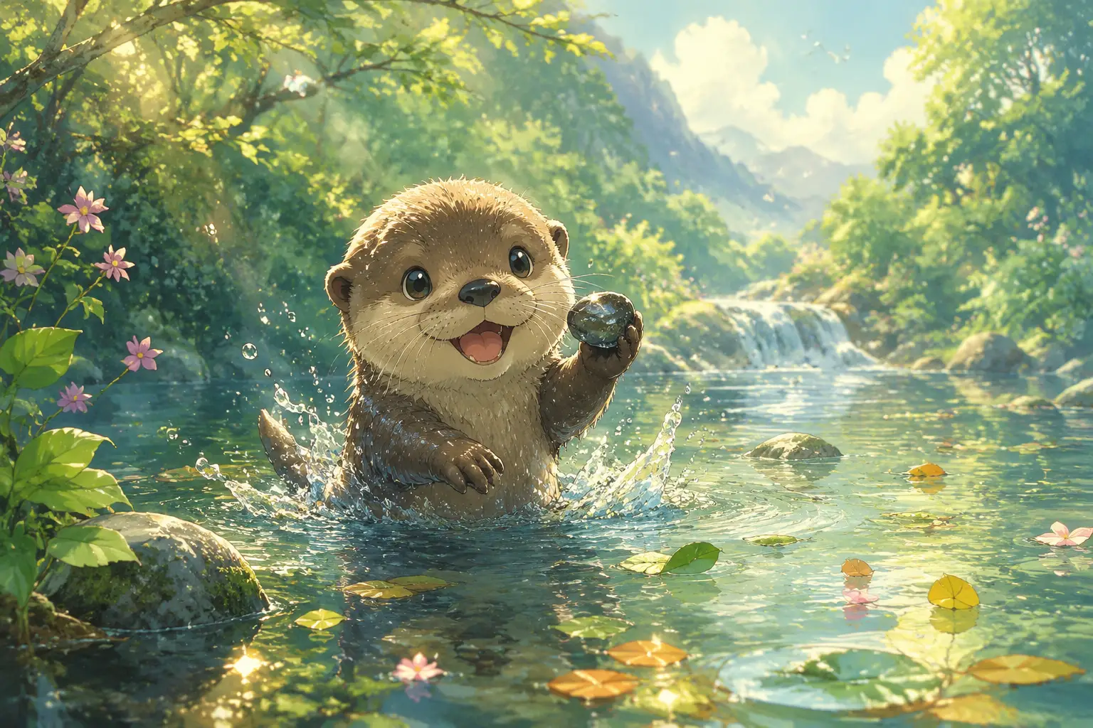 在溫柔河川中嬉水的小水獺動漫場景