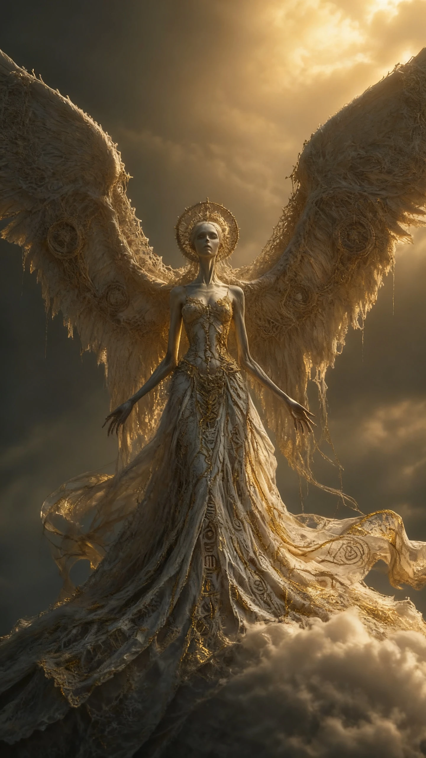 Mulher angelical surreal em pé sobre uma vasta nuvem branca