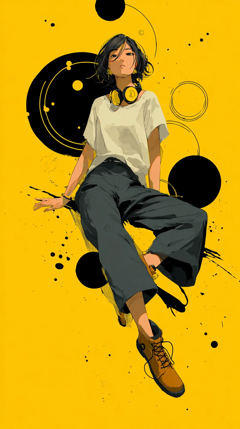 Fille d’anime avec casque jaune sur fond graphique abstrait