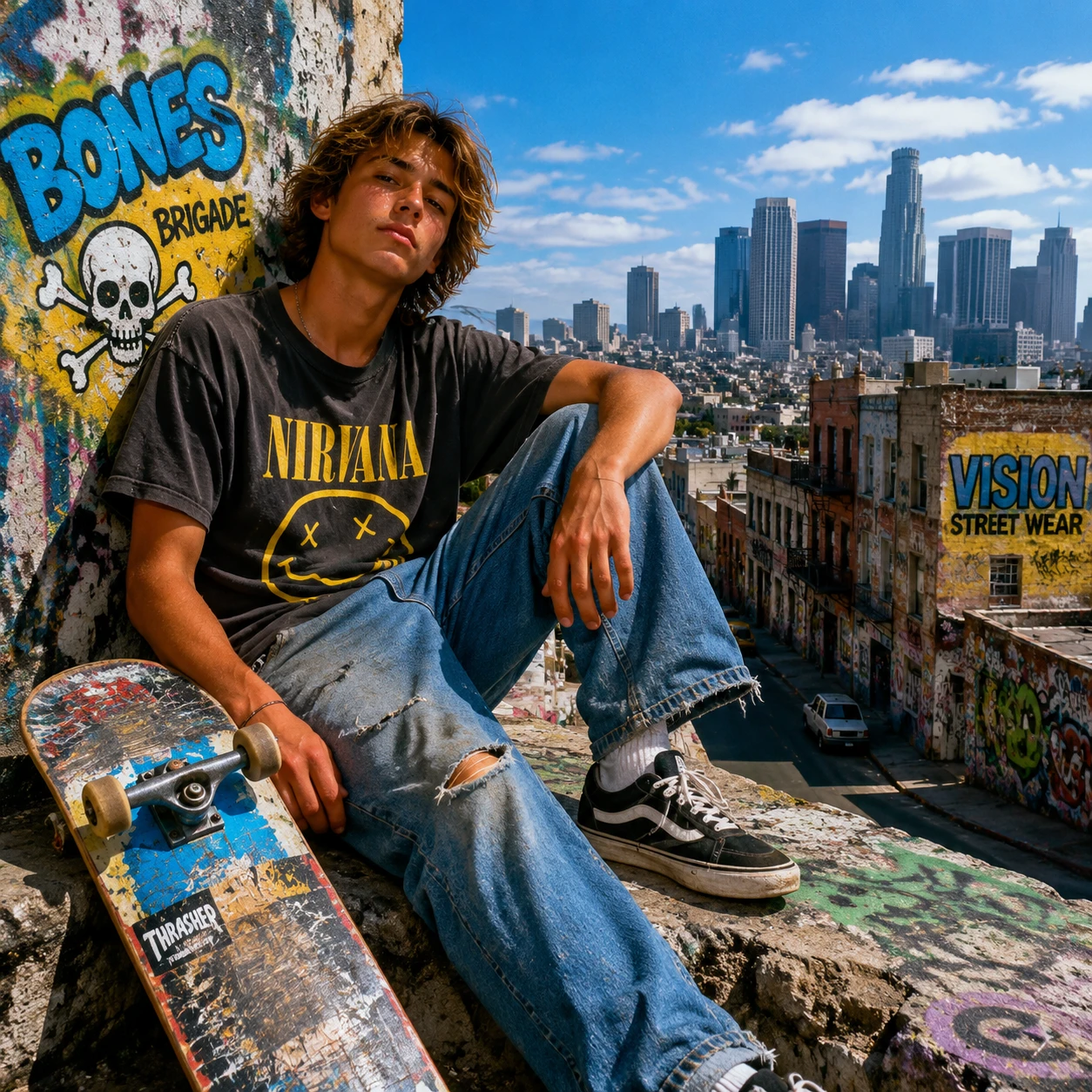 Skateur adolescent détendu dans un paysage urbain coloré