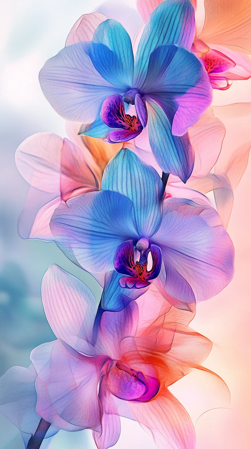 Primo piano di orchidee fantasy con eterei petali piumati pastello