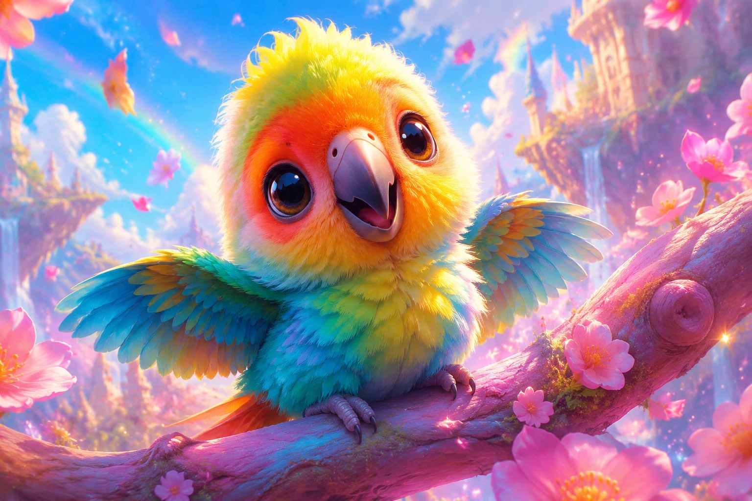Lindo polluelo de loro bebé en una rama pastel al estilo Pixar