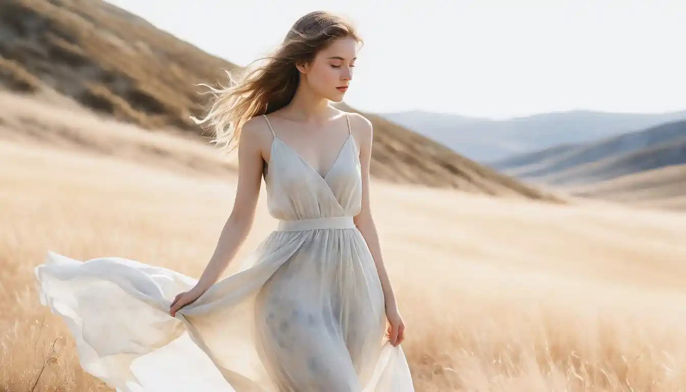 Ragazza ad acquerello che svanisce in uno spazio minimale bianco e dorato