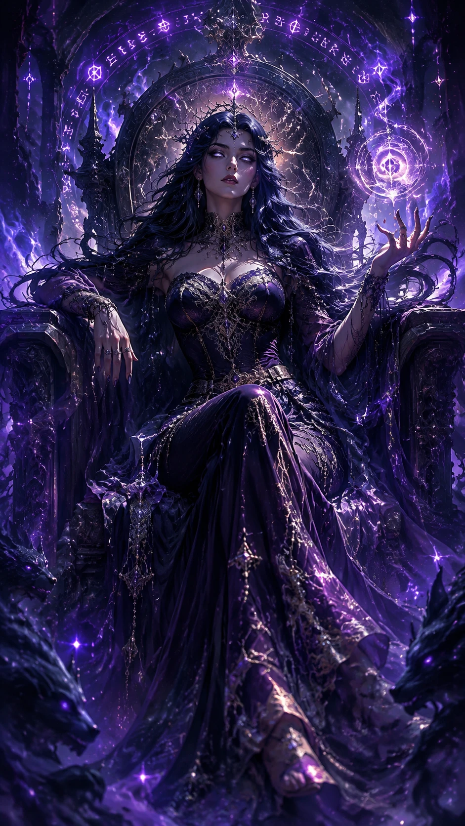 Imperatriz Sombria Mística em Trono de Obsidiana com Runas