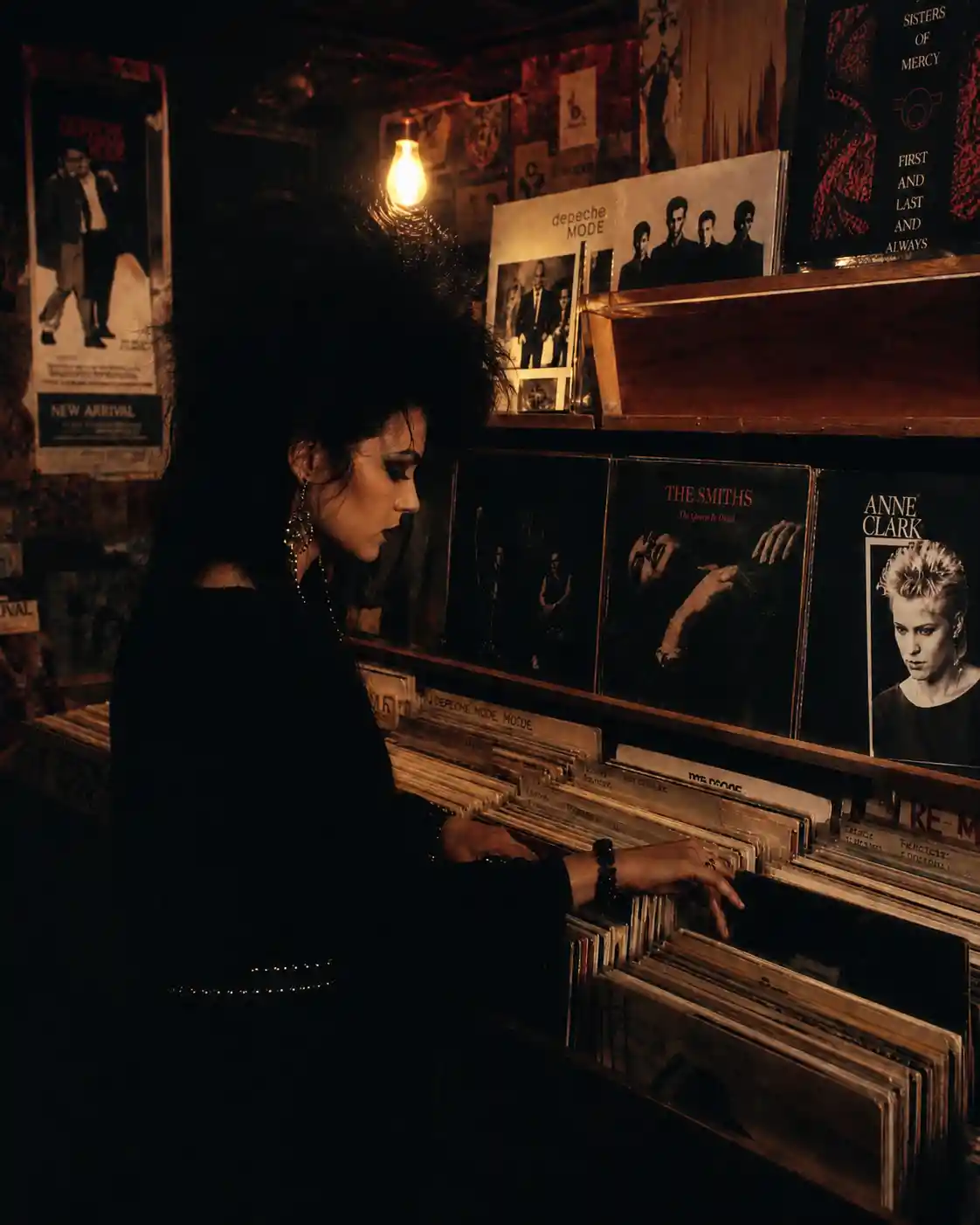 Gothic woman browsing records in an underground 1980s store