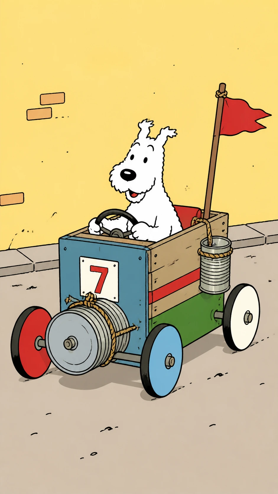 Cão branco brincalhão em um colorido carrinho de rolimã caseiro em desenho