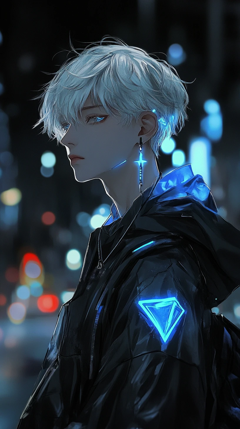 Homem de anime pensativo em cidade futurista iluminada por neon à noite