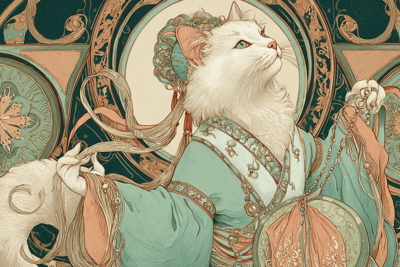Gato art nouveau com pandeiro em vestes elegantes