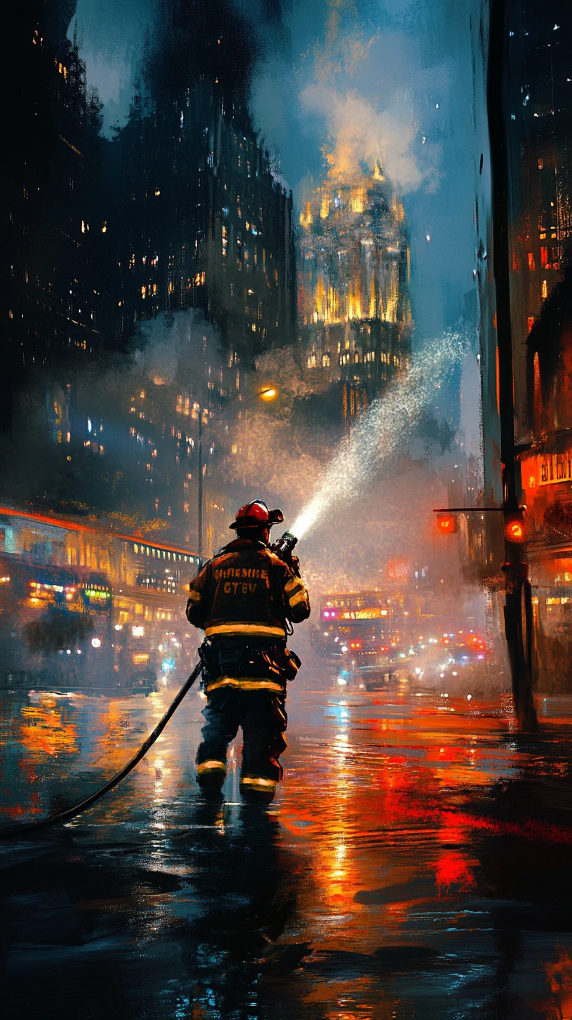 Pompier arrosant une rue de ville en flammes la nuit