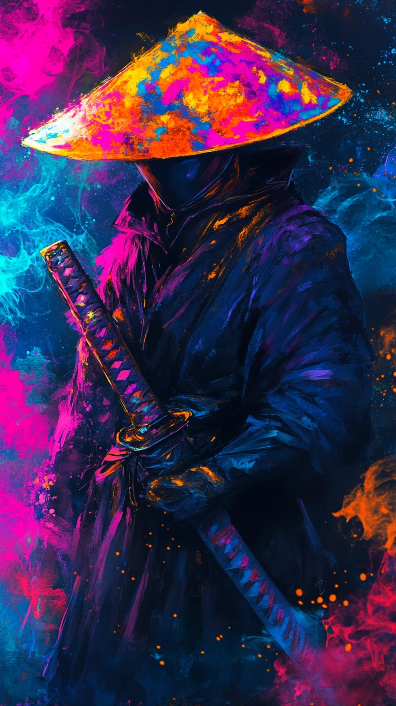 Samurai avvolto nel neon di profilo tra nebbia astratta luminosa