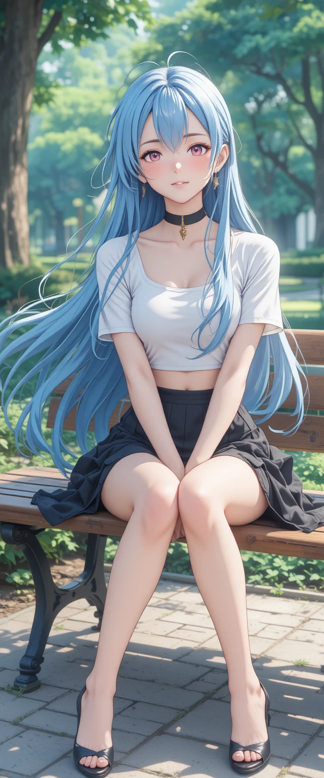 파란 머리 애니메이션 소녀가 공원 벤치에 앉아 있는 모습