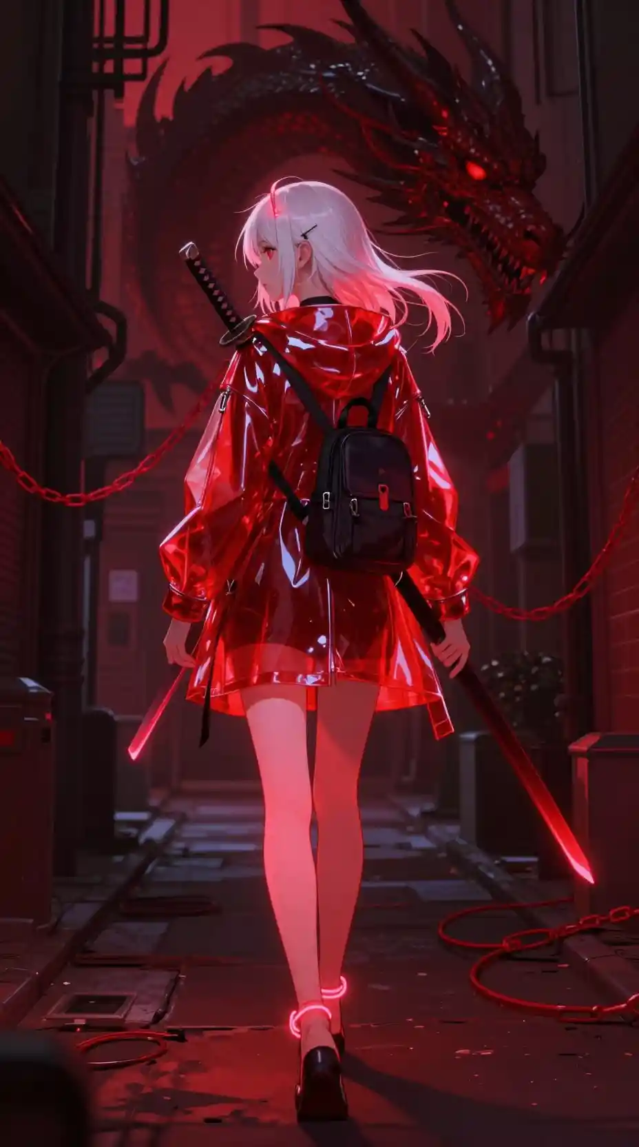 Anime girl in neon lit alley with katana and dragon