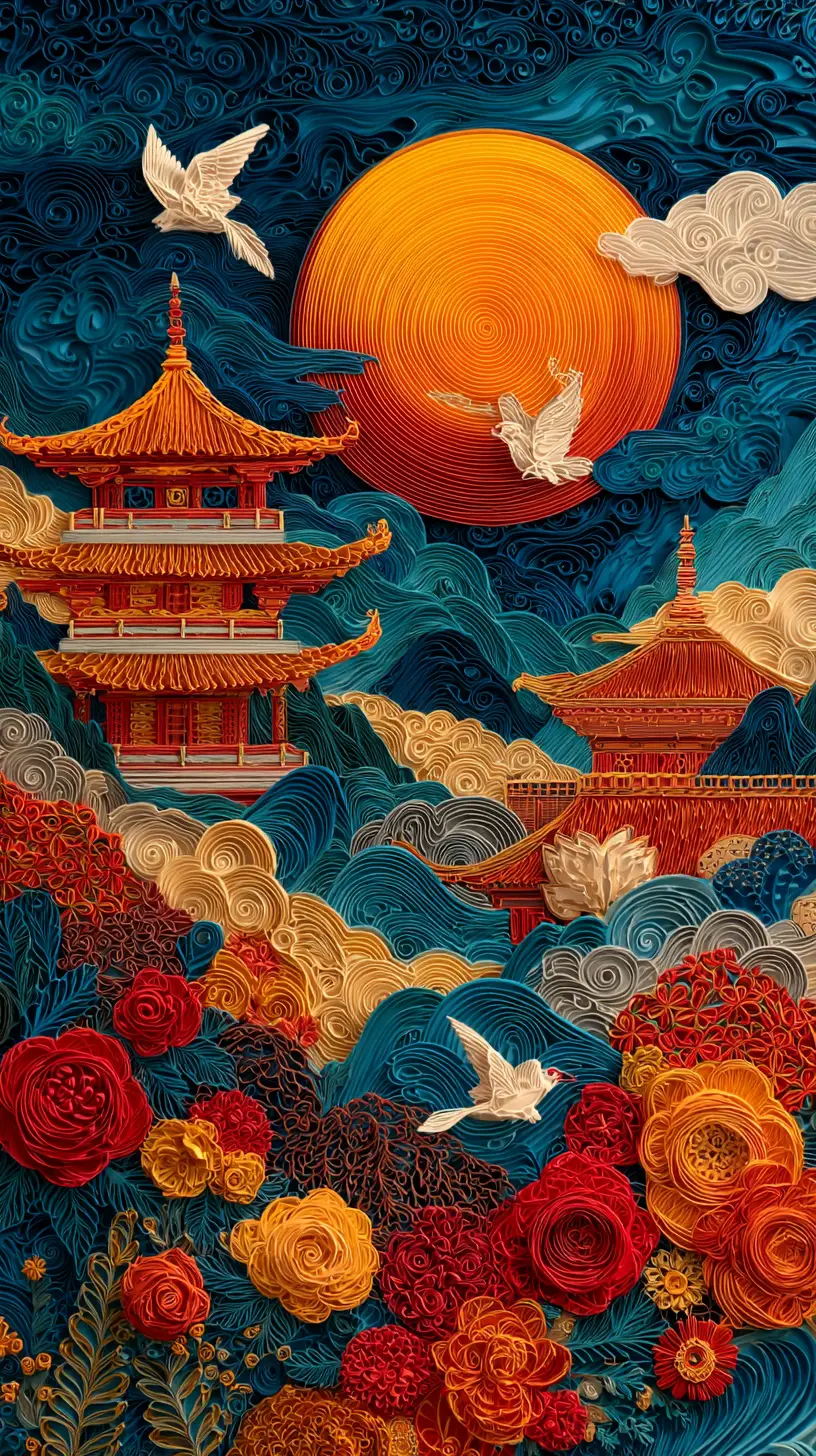 Paper art pagodas under a glowing full moon