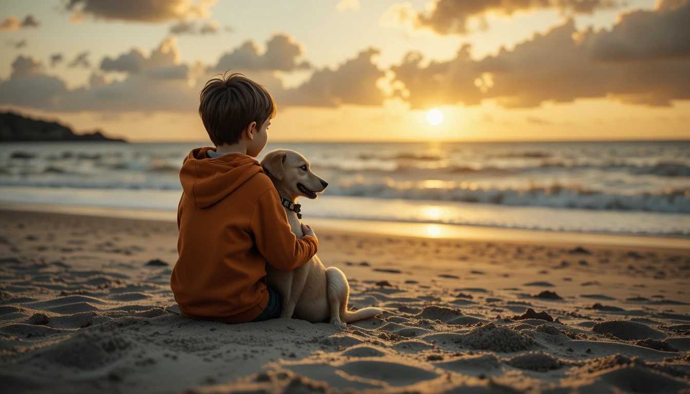 Menino abraçando seu cachorro em uma praia ao pôr do sol em cor seletiva